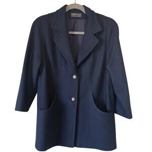 Vintage 90s Russell Scott Navy Wool Blend Coat Dark Academia Crested Buttons  L